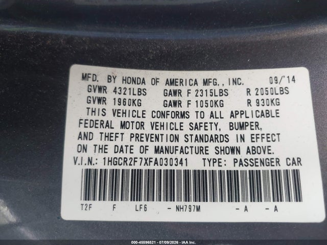 Honda ACCORD EX 2015 1HGCR2F7XFA030341 Image 9
