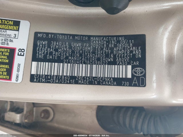 Aukcja sprzedaży 2011 Toyota Corolla Le, vin: 2T1BU4EE1BC698622, numer aukcji: 45596534