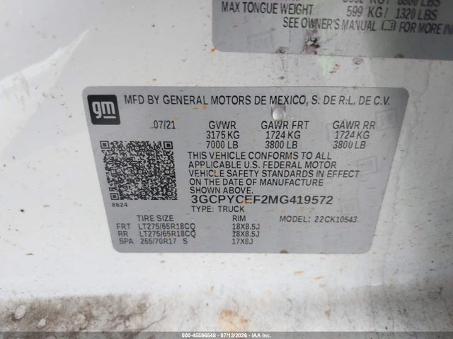 Продаж на аукціоні авто 2021 Chevrolet Silverado 1500 4wd  Short Bed Custom Trail Boss, vin: 3GCPYCEF2MG419572, номер лоту: 45596548