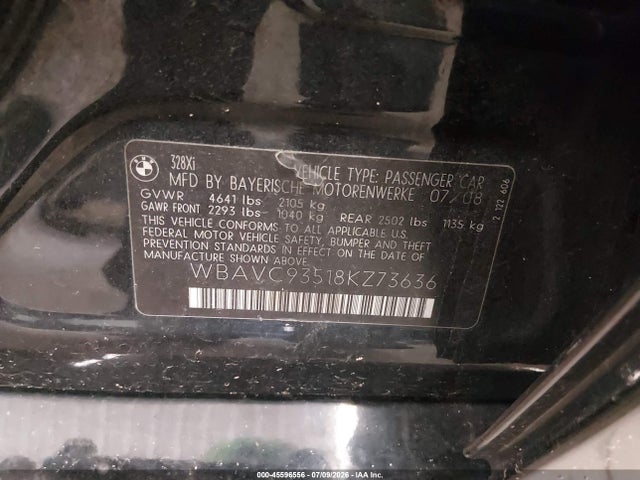 45596556 :رقم المزاد ، WBAVC93518KZ73636 vin ، 2008 Bmw 328xi مزاد بيع