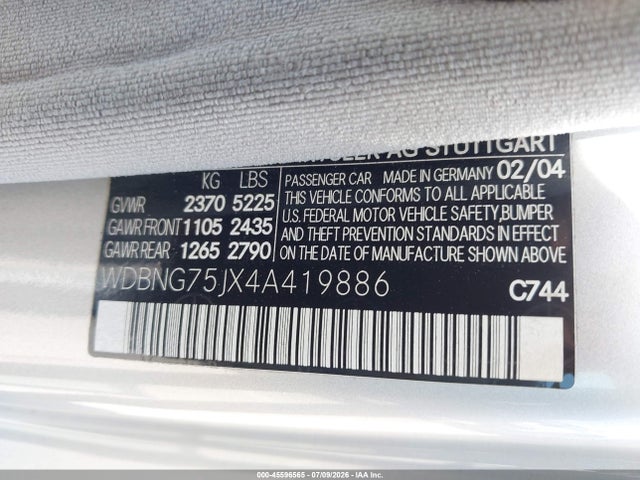 Продаж на аукціоні авто 2004 Mercedes-benz S 500, vin: WDBNG75JX4A419886, номер лоту: 45596565