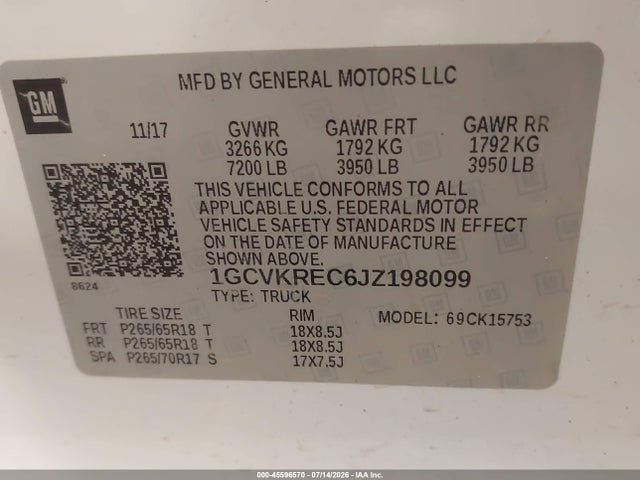 Продаж на аукціоні авто 2018 Chevrolet Silverado 1500 2lt, vin: 1GCVKREC6JZ198099, номер лоту: 45596570