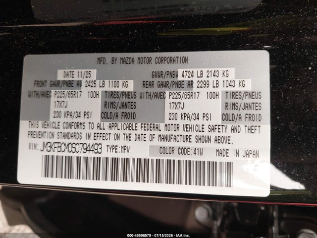 Aukcja sprzedaży 2025 Mazda Cx-5 2.5 S Preferred, vin: JM3KFBCM0S0794493, numer aukcji: 45596579