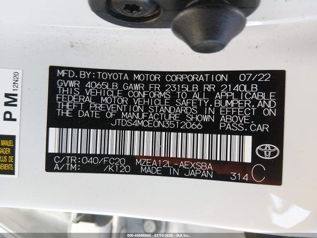 JTDS4MCE0N3512066 Toyota COROLLA SE