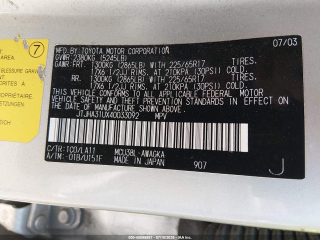 45596587 :رقم المزاد ، JTJHA31UX40033092 vin ، 2004 Lexus Rx 330 مزاد بيع