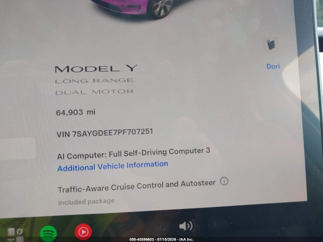 Продаж на аукціоні авто 2023 Tesla Model Y Awd/long Range Dual Motor All-wheel Drive, vin: 7SAYGDEE7PF707251, номер лоту: 45596603