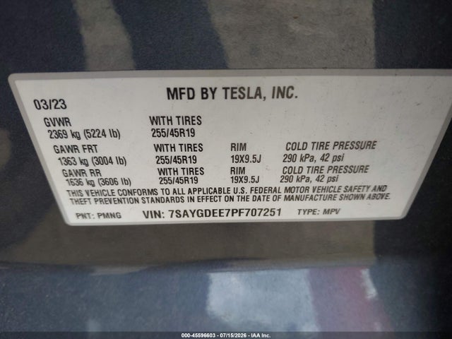 Продаж на аукціоні авто 2023 Tesla Model Y Awd/long Range Dual Motor All-wheel Drive, vin: 7SAYGDEE7PF707251, номер лоту: 45596603
