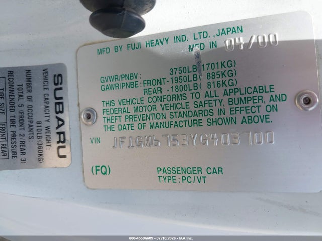 Продажа на аукционе авто 2000 Subaru Impreza 2.5rs, vin: JF1GM6753YG403700, номер лота: 45596609