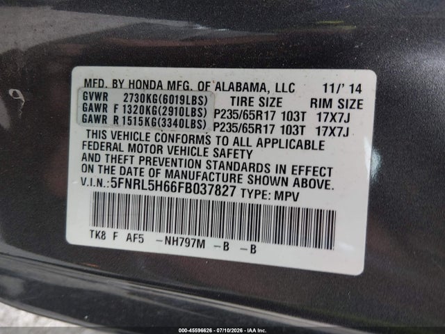 45596626 :رقم المزاد ، 5FNRL5H66FB037827 vin ، 2015 Honda Odyssey Ex-l مزاد بيع