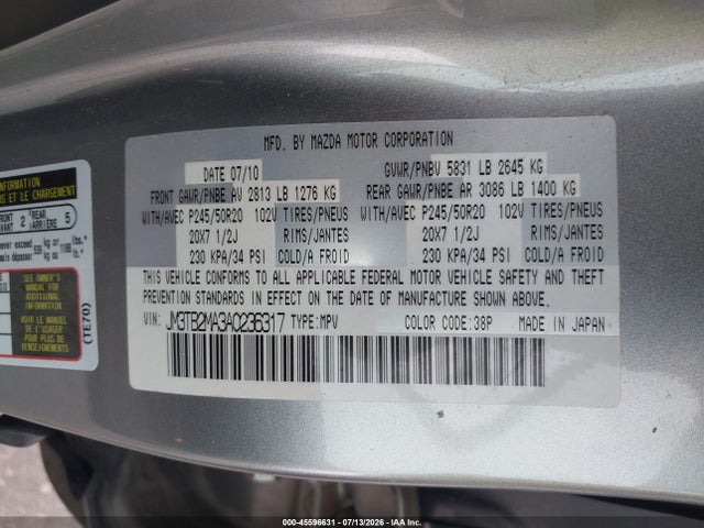 Продажа на аукционе авто 2010 Mazda Cx-9 Grand Touring, vin: JM3TB2MA3A0236317, номер лота: 45596631