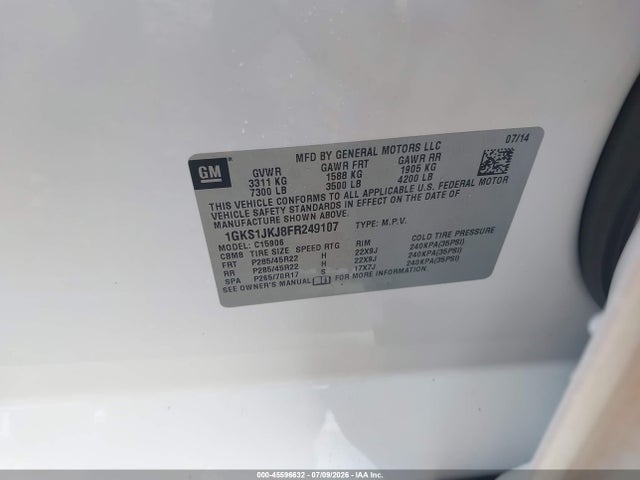 45596632 :رقم المزاد ، 1GKS1JKJ8FR249107 vin ، 2015 Gmc Yukon Xl 1500 Denali مزاد بيع