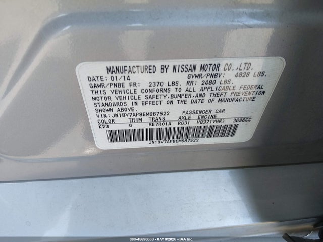 45596633 :رقم المزاد ، JN1BV7AP8EM687522 vin ، 2014 Infiniti Q50 Sport مزاد بيع