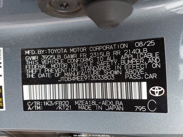 2026 Toyota Corolla Le მანქანა იყიდება აუქციონზე, vin: JTDB4MEE9T3033803, აუქციონის ნომერი: 45596641