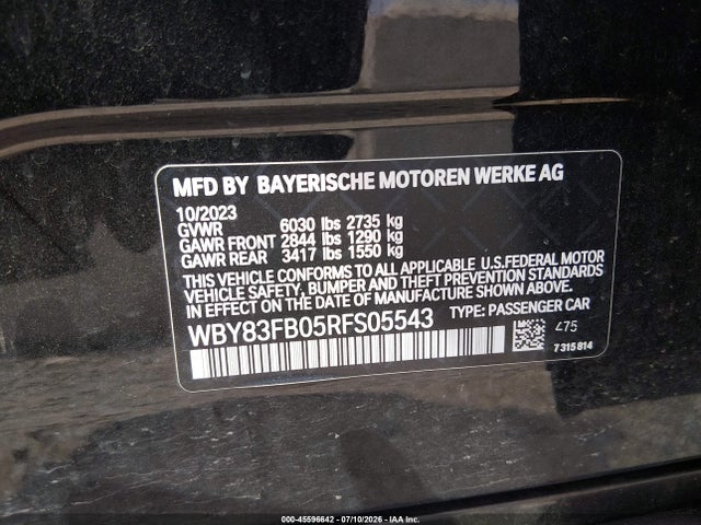 Aukcja sprzedaży 2024 Bmw I4 Gran Coupe Xdrive40, vin: WBY83FB05RFS05543, numer aukcji: 45596642