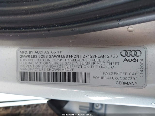 45596694 :رقم المزاد ، WAUBGAFCXCN007392 vin ، 2012 Audi A6 3.0t Premium Plus مزاد بيع