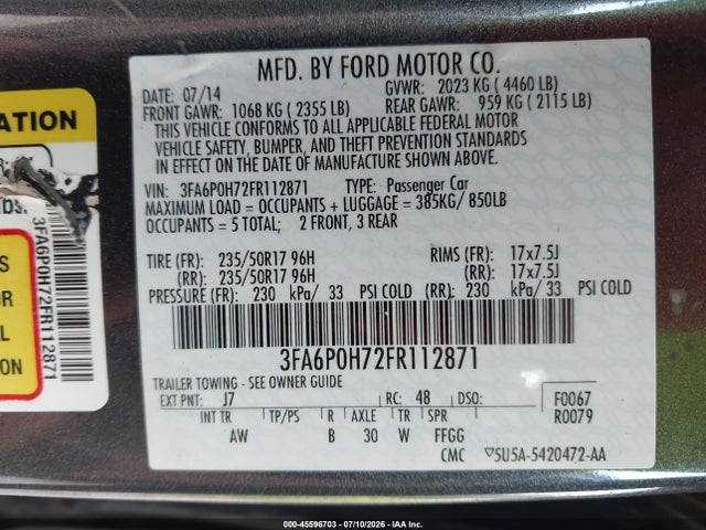 45596703 :رقم المزاد ، 3FA6P0H72FR112871 vin ، 2015 Ford Fusion Se مزاد بيع