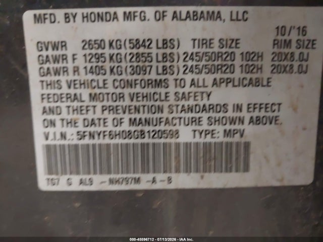 Продаж на аукціоні авто 2016 Honda Pilot Elite, vin: 5FNYF6H08GB120598, номер лоту: 45596712