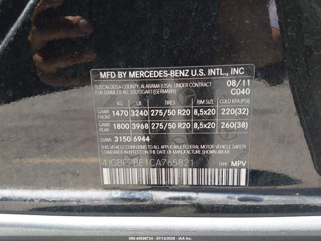 Aukcja sprzedaży 2012 Mercedes-benz Gl 450 4matic, vin: 4JGBF7BE1CA765821, numer aukcji: 45596734
