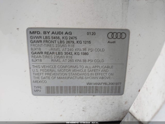 WA1ANAFY6L2061977 Audi Q5 Premium 45 Tfsi Quattro S Tronic/titanium Premium 45 Tfsi Quattro S Tronic