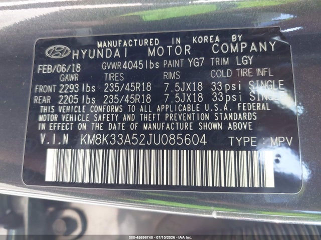 2018 Hyundai Kona Limited მანქანა იყიდება აუქციონზე, vin: KM8K33A52JU085604, აუქციონის ნომერი: 45596748