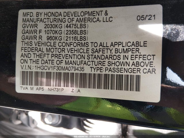 Aukcja sprzedaży 2021 Honda Accord Sport, vin: 1HGCV1F30MA079435, numer aukcji: 45596750