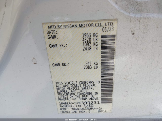 Продаж на аукціоні авто 2023 Nissan Altima Sv Fwd, vin: 1N4BL4DV5PN399231, номер лоту: 45596764