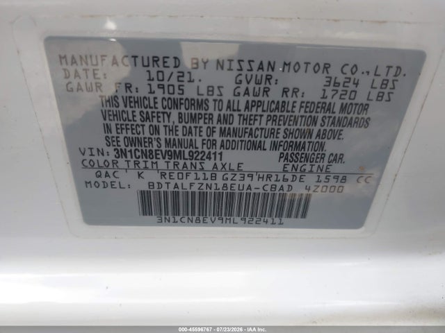 45596767 :رقم المزاد ، 3N1CN8EV9ML922411 vin ، 2021 Nissan Versa Sv Xtronic Cvt مزاد بيع