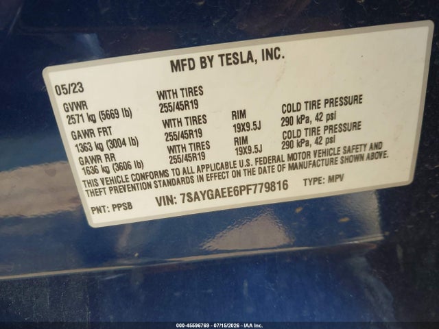 Aukcja sprzedaży 2023 Tesla Model Y Awd/long Range Dual Motor All-wheel Drive, vin: 7SAYGAEE6PF779816, numer aukcji: 45596769