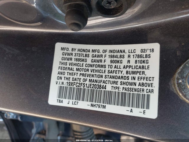 Honda Civic Lx 2018 19XFC2F51JE203844 Image 9
