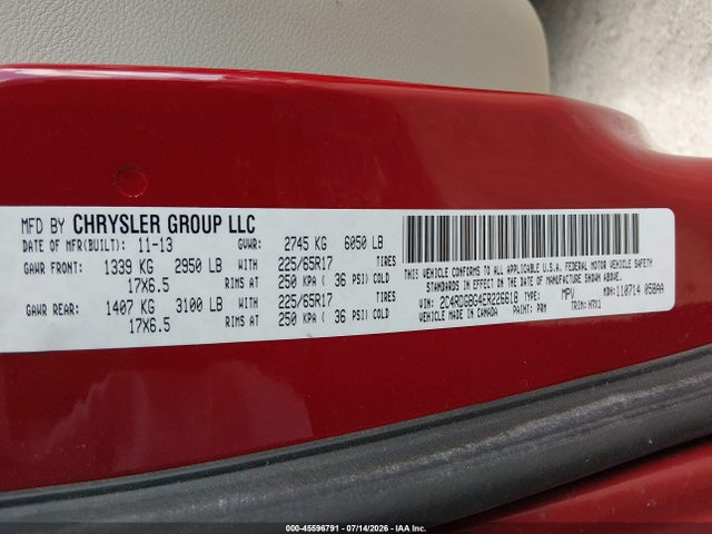 45596791 :رقم المزاد ، 2C4RDGBG4ER226618 vin ، 2014 Dodge Grand Caravan American Value Pkg مزاد بيع