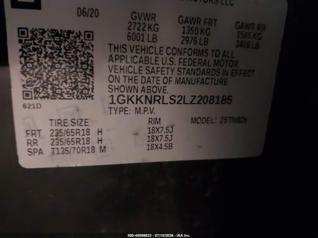 Aukcja sprzedaży 2020 Gmc Acadia Fwd Sle, vin: 1GKKNRLS2LZ208185, numer aukcji: 45596823