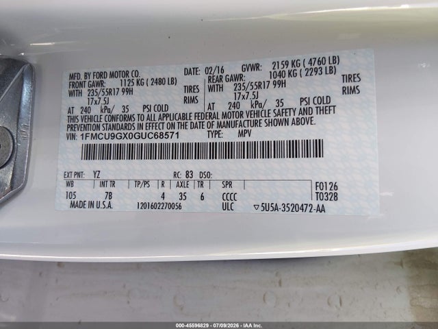 Ford ESCAPE SE 2016 1FMCU9GX0GUC68571 Image 9