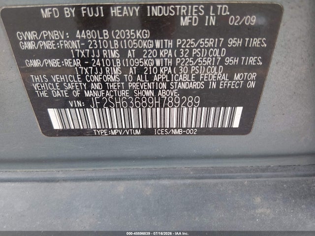 Продаж на аукціоні авто 2009 Subaru Forester 2.5x, vin: JF2SH63689H789289, номер лоту: 45596839
