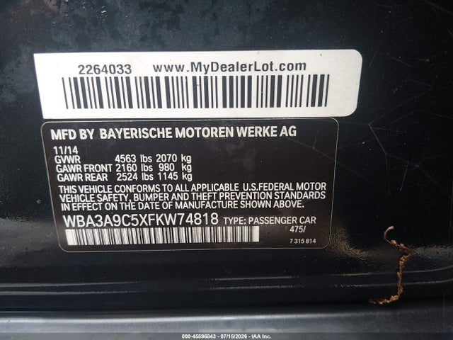 2015 Bmw 335i მანქანა იყიდება აუქციონზე, vin: WBA3A9C5XFKW74818, აუქციონის ნომერი: 45596843
