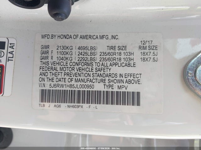 Aukcja sprzedaży 2018 Honda Cr-v Ex-l/ex-l Navi, vin: 5J6RW1H85JL000950, numer aukcji: 45596850