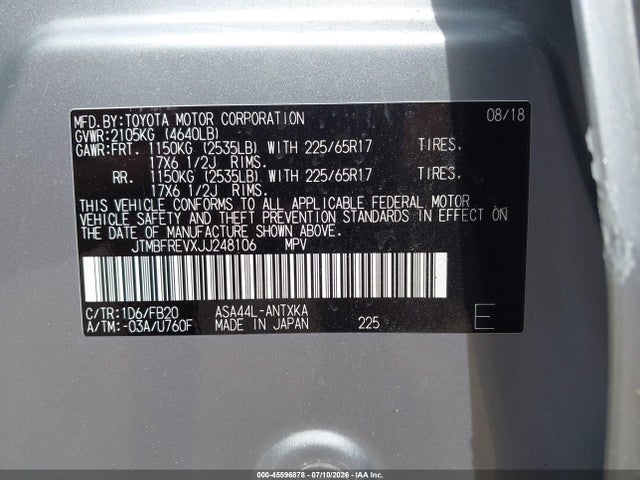 Aukcja sprzedaży 2018 Toyota Rav4 Le, vin: JTMBFREVXJJ248106, numer aukcji: 45596878