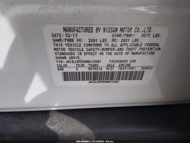 45596912 :رقم المزاد ، JN1BJ0RR5HM410081 vin ، 2017 Infiniti Qx50 مزاد بيع