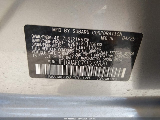 Aukcja sprzedaży 2025 Subaru Impreza Sport 5-door, vin: JF1GUAFC7S8274820, numer aukcji: 45596923