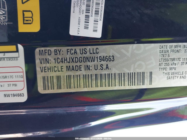 Продаж на аукціоні авто 2022 Jeep Wrangler Unlimited Willys 4x4, vin: 1C4HJXDG0NW194663, номер лоту: 45596932