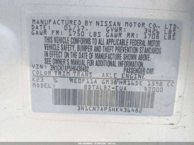 Aukcja sprzedaży 2017 Nissan Versa 1.6 Sv, vin: 3N1CN7AP5HK436482, numer aukcji: 45596942
