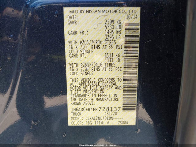 Nissan Frontier Sv 2015 1N6AD0ER4FN728137 Image 9