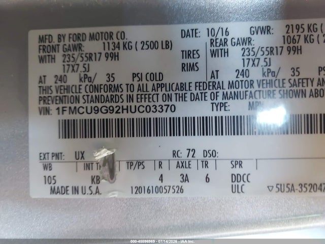 Продажа на аукционе авто 2017 Ford Escape Se, vin: 1FMCU9G92HUC03370, номер лота: 45596969