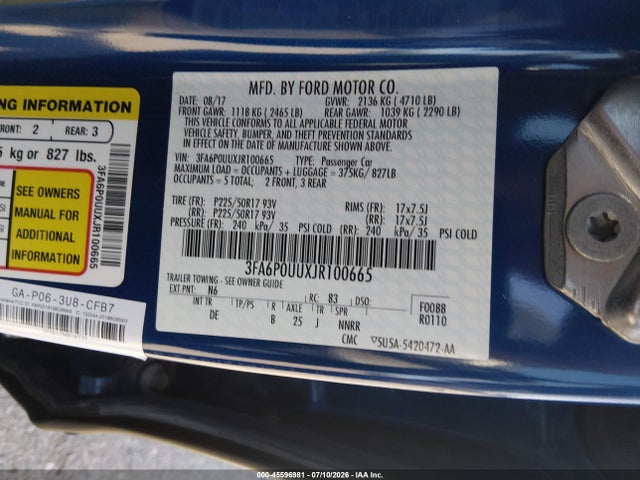3FA6P0UUXJR100665 Ford Fusion Hybrid S