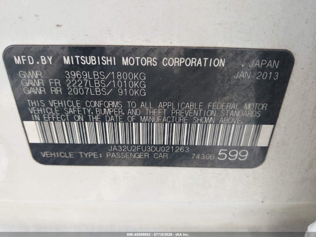 Aukcja sprzedaży 2013 Mitsubishi Lancer Es, vin: JA32U2FU3DU021263, numer aukcji: 45596982