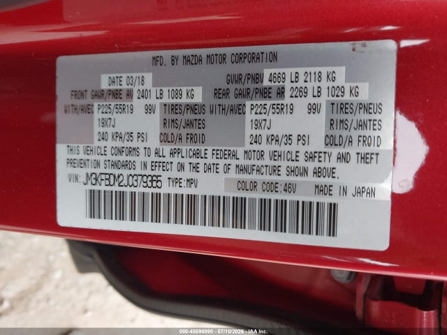 45596990 :رقم المزاد ، JM3KFBDM2J0379365 vin ، 2018 Mazda Cx-5 Grand Touring مزاد بيع