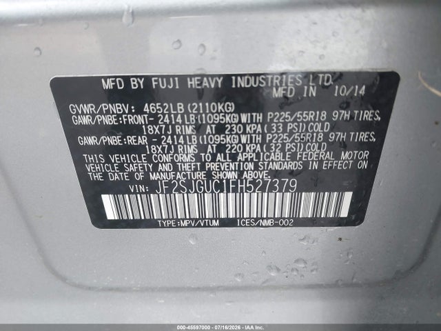 Aukcja sprzedaży 2015 Subaru Forester 2.0xt Touring, vin: JF2SJGUC1FH527379, numer aukcji: 45597000