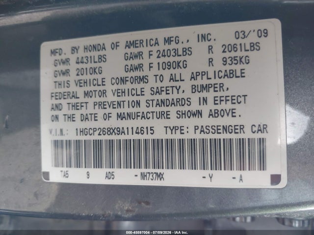 45597004 :رقم المزاد ، 1HGCP268X9A114615 vin ، 2009 Honda Accord 2.4 Ex-l مزاد بيع