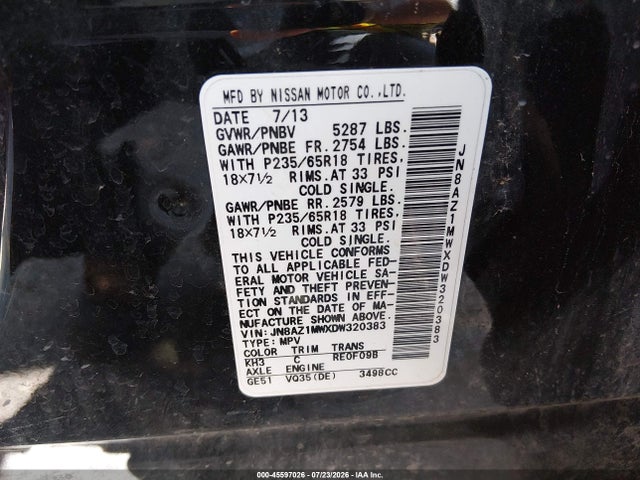Aukcja sprzedaży 2013 Nissan Murano S, vin: JN8AZ1MWXDW320383, numer aukcji: 45597026