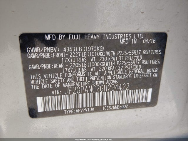 Subaru Crosstrek 2.0i Limited 2016 JF2GPANC2GH294422 Image 9