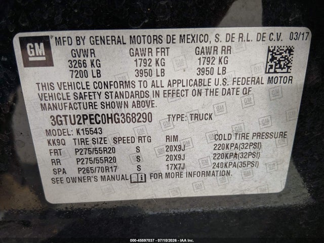 Продаж на аукціоні авто 2017 Gmc Sierra 1500 Denali, vin: 3GTU2PEC0HG368290, номер лоту: 45597037